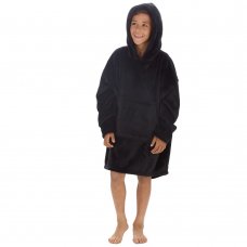 18C869: Kids Plush Oversized Heavy Knit Hoodie- Black (One Size - 7-13 Years)